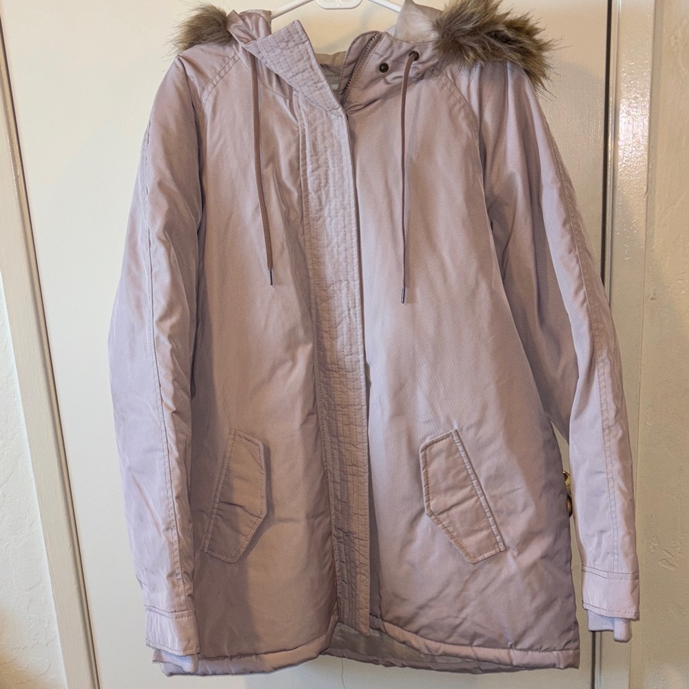 Women's Hooded Jacket with Faux Fur Trim - Mauve